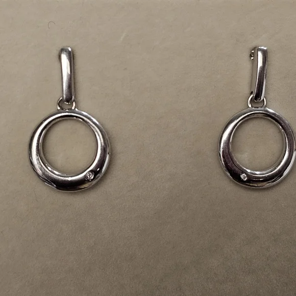 Vintage 925 Silver Circle Drop Earrings with Diamonds - Picture 5 of 12